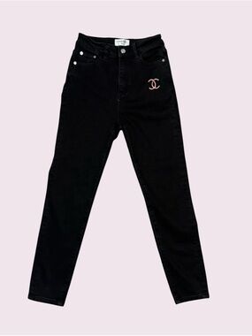 CHANEL Black Skinny Jeans with Pink CC Detail
